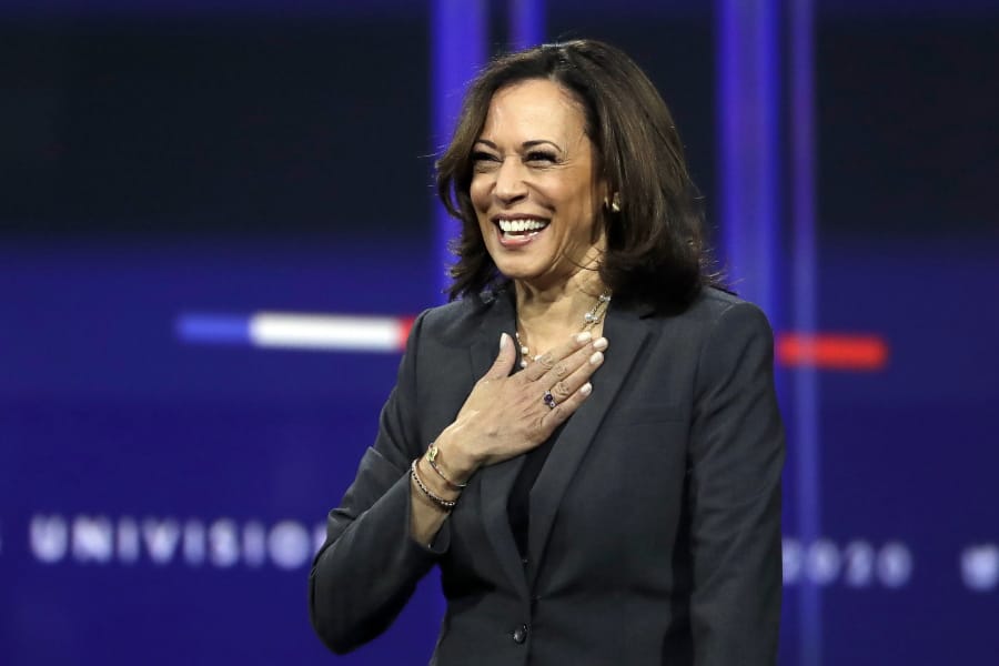 Sen. Kamala Harris, D-Calif., appears Saturday at a presidential forum at the California Democratic Party&#039;s convention  in Long Beach, Calif.