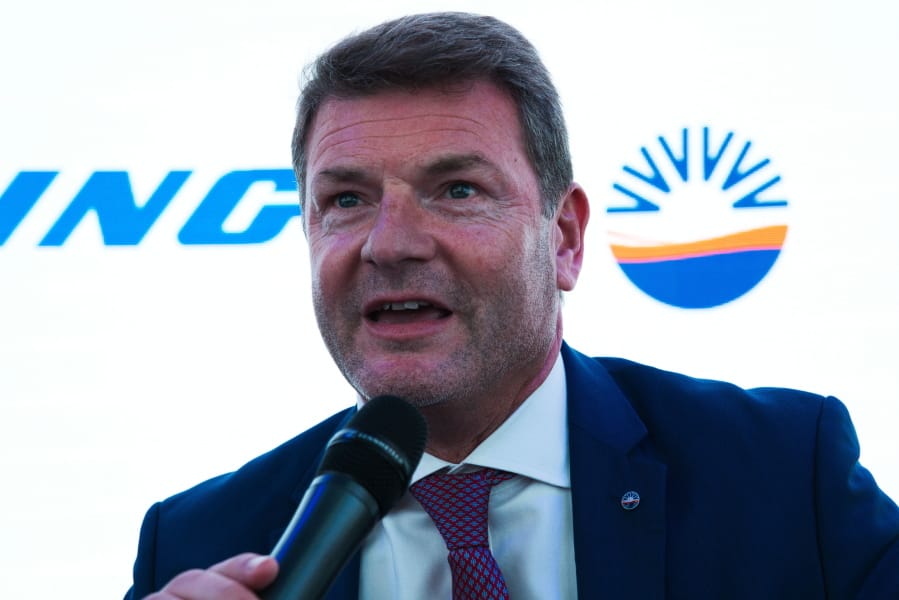 SunExpress CEO Jens Bischof speaks at a news conference at the Dubai Airshow in Dubai, United Arab Emirates, Monday, Nov. 18, 2019. The Turkish-German airline SunExpress announced Monday it will be buying 10 of the troubled Boeing 737-8 Max jets, grounded globally after crashes, in a deal worth $1.2 billion.