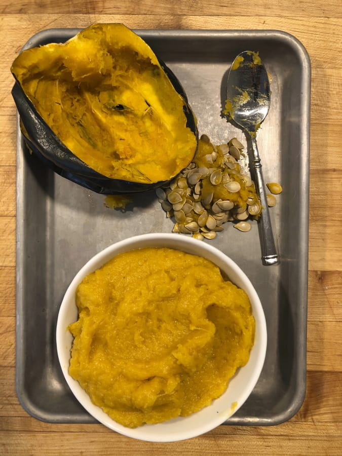 Cooked mashed squash. The squash roasted whole and uncut has more flavor than roasting it in chunks or boiling it.