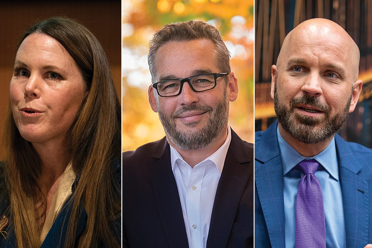 Sarah Fox, from left, Erik Paulsen and Ty Stober were all winning their Vancouver City Council races in initial election results Tuesday night.