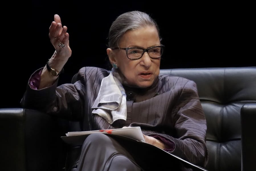 FILE - In this Oct. 21, 2019, file photo, U.S. Supreme Court Justice Ruth Bader Ginsburg gestures while speaking during the inaugural Herma Hill Kay Memorial Lecture at the University of California at Berkeley, in Berkeley, Calif. The Supreme Court says Ginsburg has been hospitalized after experiencing chills and fever. In a statement Saturday, Nov. 23, the court&#039;s public information office says Ginsburg was admitted Friday night to Johns Hopkins Hospital in Baltimore.