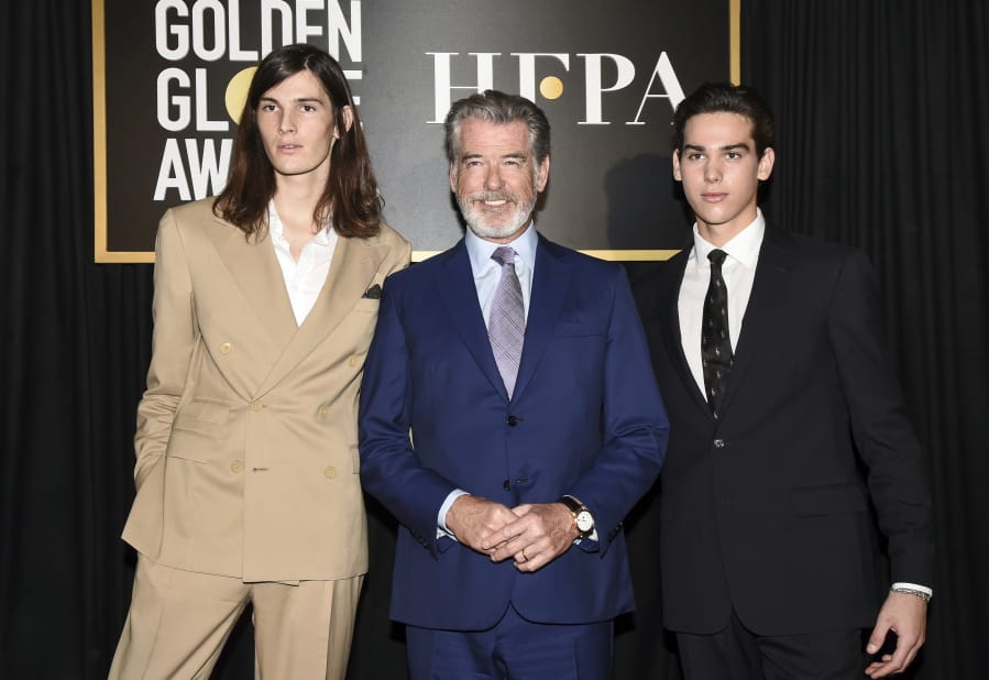 Dylan Brosnan, from left, Pierce Brosnan, and Paris Brosnan attend the Hollywood Foreign Press Association and The Hollywood Reporter celebration of the 2020 award season and Golden Globe Ambassador reveal at Catch LA on Thursday, Nov. 14, 2019, in West Hollywood, Calif.