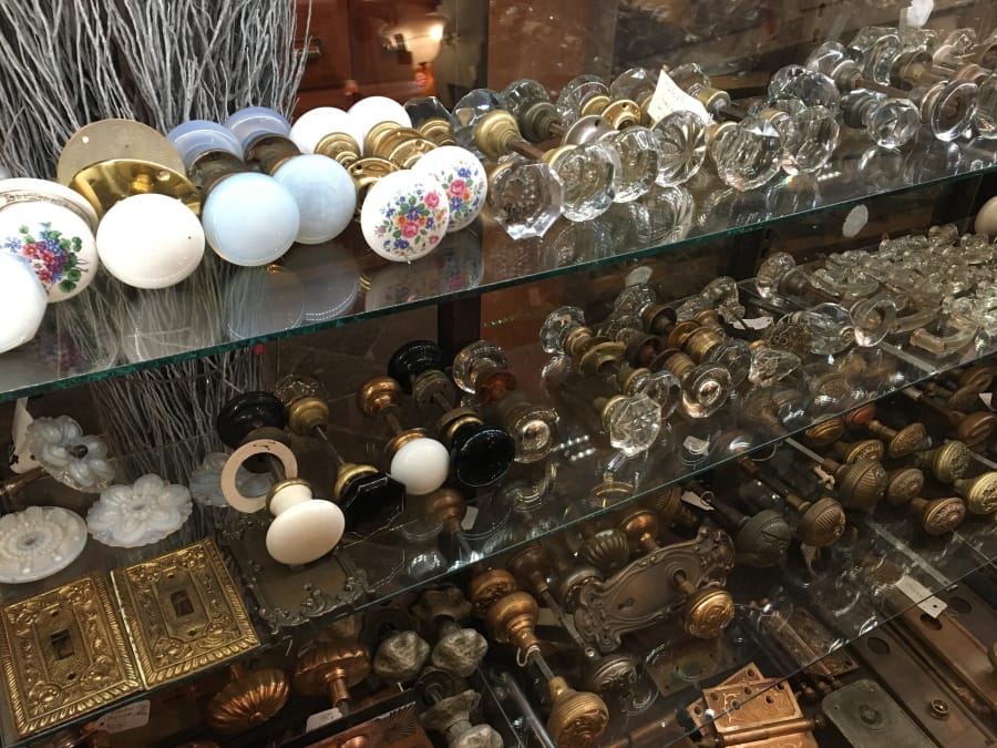 A selection of vintage doorknobs and other items are available for sale Oct. 15 at Olde Good Things salvage store in New York. Two of the hottest trends in home decor are sustainability and authenticity.