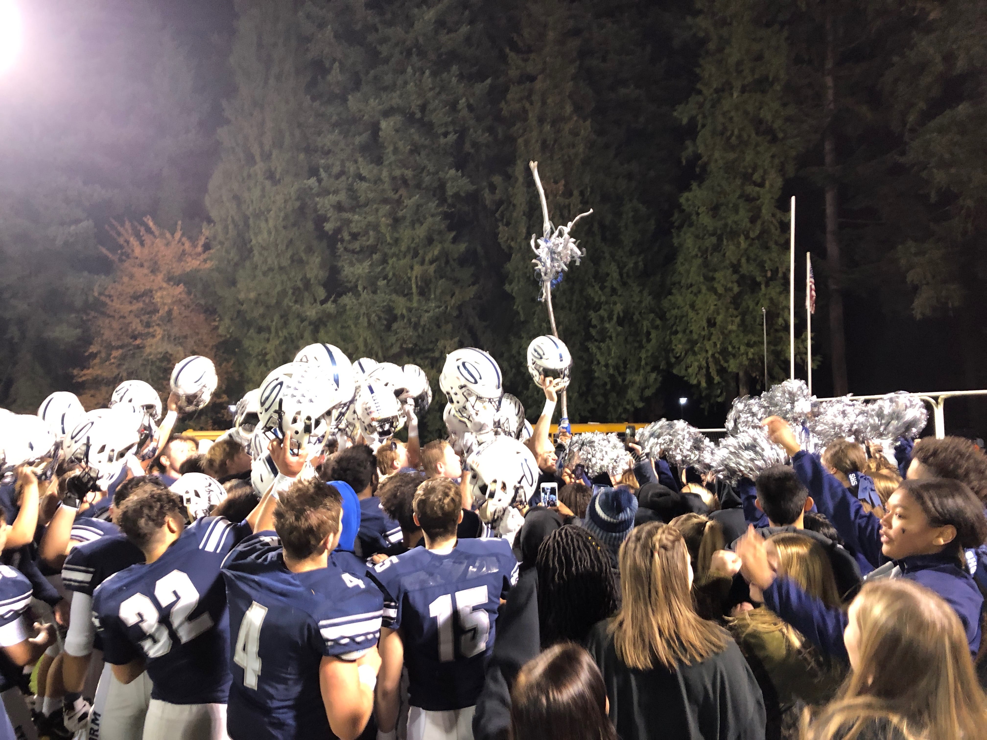 Skyview football players and students celebrate a 49-0 win over Federal Way in the 4A state preliminary round on Friday at Kiggins Bowl (Micah Rice/The Columbian)