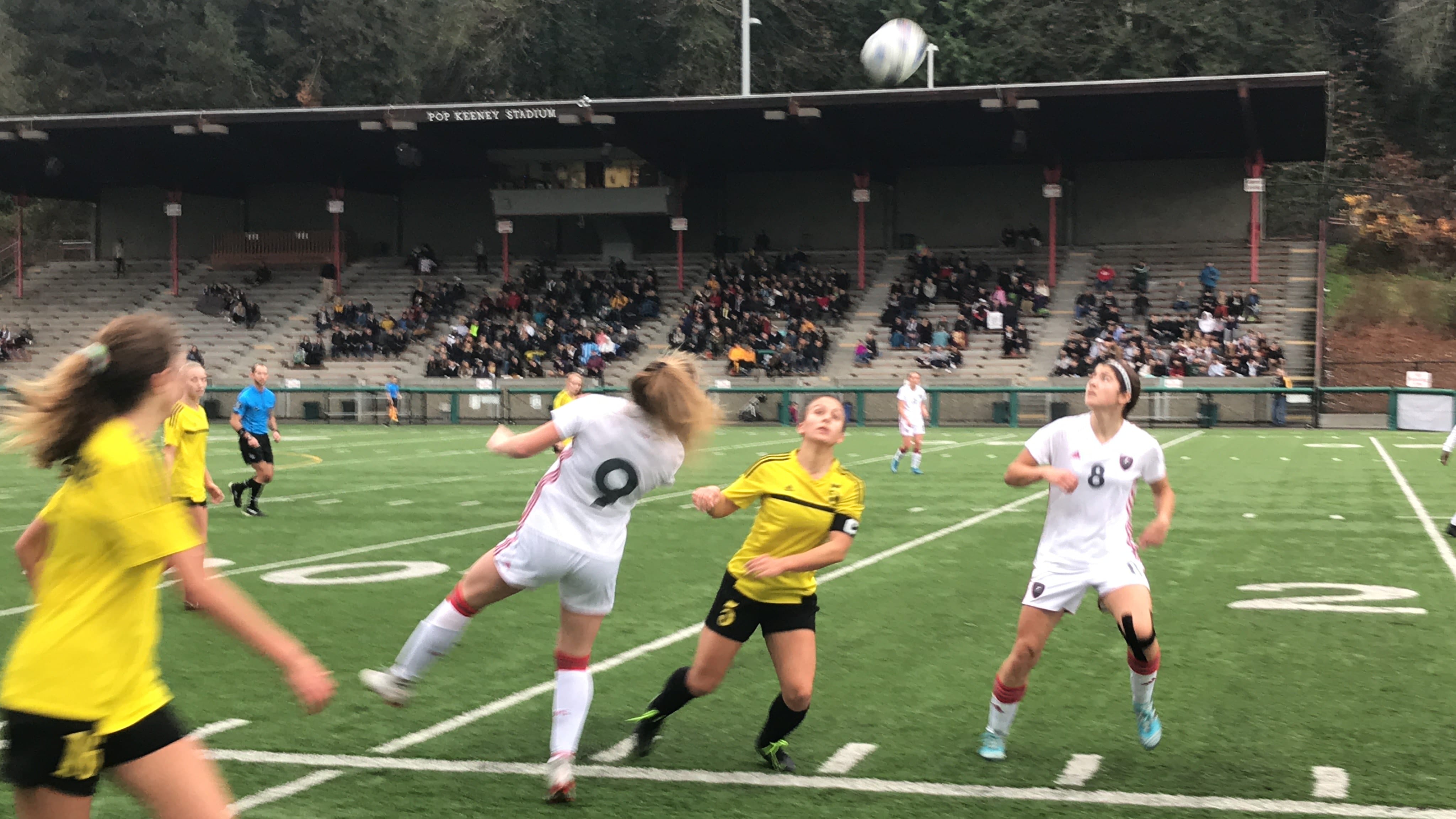 Sydney Young (9) follows through on a header in the second half of Union's 1-0 loss to Inglemoor in Saturday's 4A state quarterfinal soccer game in Bothell.
