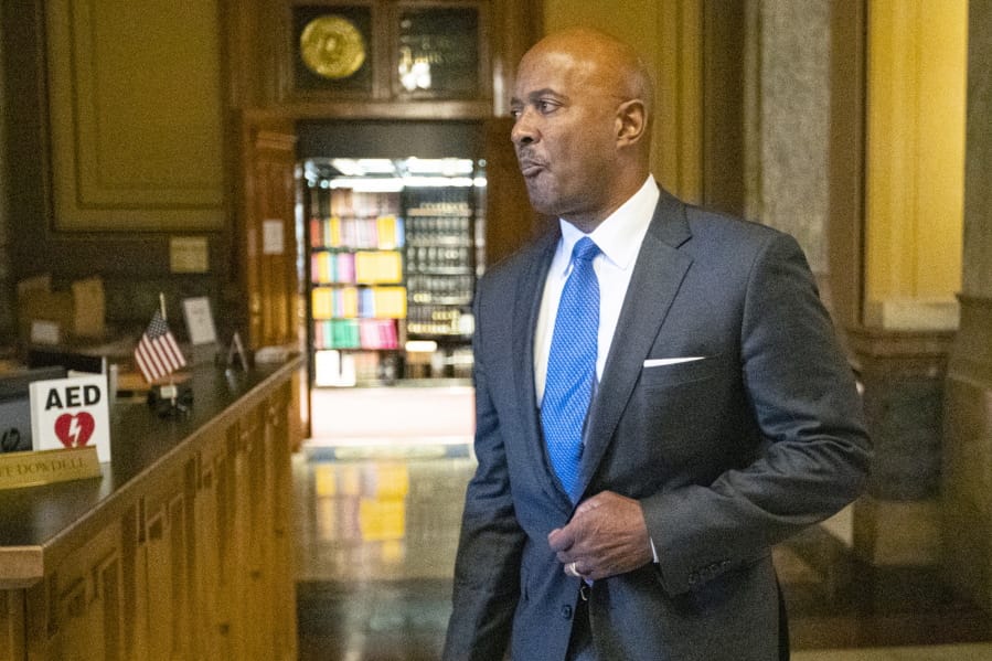 FILE - In this Oct. 23, 2019 file photo, Indiana Attorney General Curtis Hill arrives for a hearing at the state Supreme Court in the Statehouse, in Indianapolis. Hill is running for reelection as he awaits the outcome from professional misconduct allegations of drunkenly groping four women that threaten his law license.  Hill announced his bid for a second term Thursday, Nov.