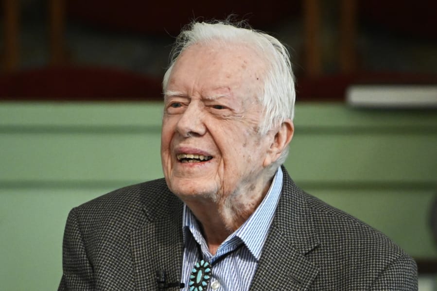 In this Sunday, Nov. 3, 2019, photo, former President Jimmy Carter teaches Sunday school at Maranatha Baptist Church in Plains, Ga. Carter has been admitted to Emory University Hospital for a procedure to relieve pressure on his brain, caused by bleeding due to his recent falls. A spokeswoman says the procedure is scheduled for Tuesday morning, Nov. 12.