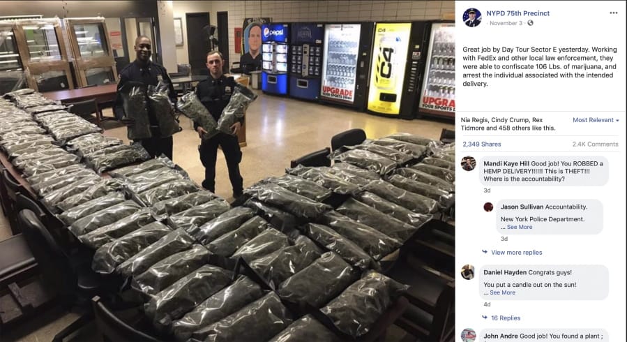 In this undated photo taken from the New York Police Department Facebook page,  officers stand by what NYPD thought was marijuana when they confiscated in the Brooklyn borough of New York on Saturday, Nov. 2, 2019, at the 75th Precinct of the NYPD in New York. The Vermont farm that grew the plants and the Brooklyn CBD shop that ordered them insist they&#039;re not pot, but legal industrial hemp.