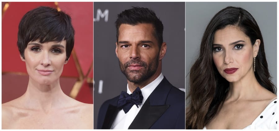 This combination photo shows, from left, actress Paz Vega, actor-singer Ricky Martin and actress Roselyn Sanchez, who will host the 20th Latin Grammy Awards on Thursday in Las Vegas, Nev.