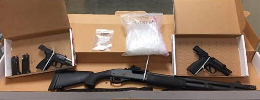 Vancouver police arrested a wanted man Sunday and seized two pistols, a shotgun, tactical equipment, holsters, ammunition, 2.2 pounds of methamphetamine, 0.25 ounces of cocaine, and drug paraphernalia and materials used for distribution.