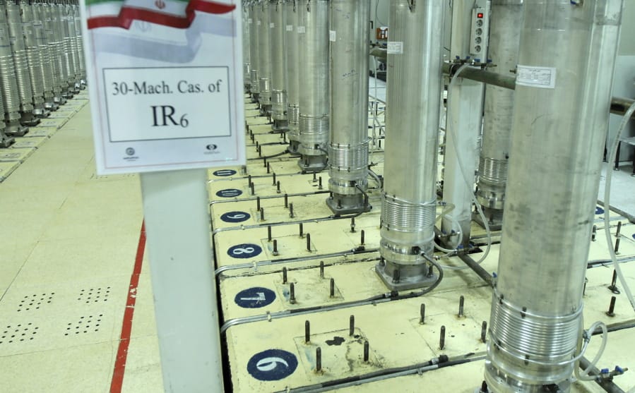 This photo released on Tuesday, Nov. 5, 2019, by the Atomic Energy Organization of Iran shows centrifuge machines in Natanz uranium enrichment facility in central Iran. Iran announced on Monday that had started gas injection into a 30-machine cascade of advanced IR-6 centrifuges in Natanz complex.