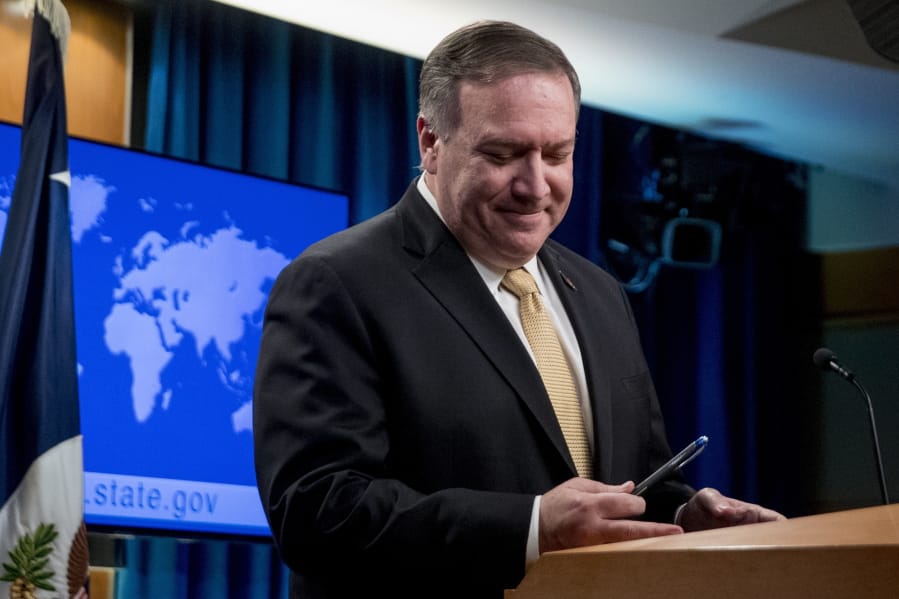 Secretary of State Mike Pompeo, pauses during a news conference at the State Department in Washington, Monday, Nov. 18, 2019. Pompeo spoke about Iran, Iraq, Israeli settlements in the West Bank, protests in Hong Kong, and Bolivia, among other topics.