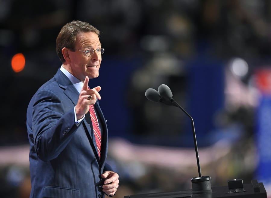 FILE - In a Thursday, July 21, 2016 file photo, Tony Perkins, president of the Family Research Council, speaks during the final day of the Republican National Convention in Cleveland. The federal commission that tracks global religious freedom is facing a schism with Capitol Hill over a proposal that some members warn would hurt its effectiveness.(AP Photo/Mark J.