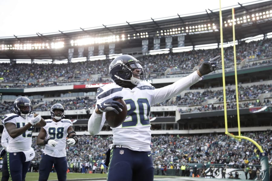 Seattle Seahawks&#039; Bradley McDougald (30) celebrates after intercepting a Philadelphia Eagles&#039; pass during the first half of an NFL football game, Sunday, Nov. 24, 2019, in Philadelphia.