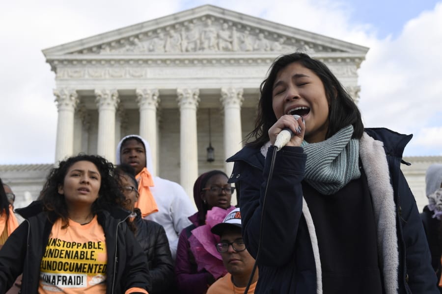 Michelle Lainez, 17, originally from El Salvador but now living in Gaithersburg, Md., speaks during a rally outside the Supreme Court in Washington, Friday, Nov. 8, 2019. The Supreme Court on Tuesday takes up the Trump administration&#039;s plan to end legal protections that shield nearly 700,000 immigrants from deportation, in a case with strong political overtones amid the 2020 presidential election campaign.