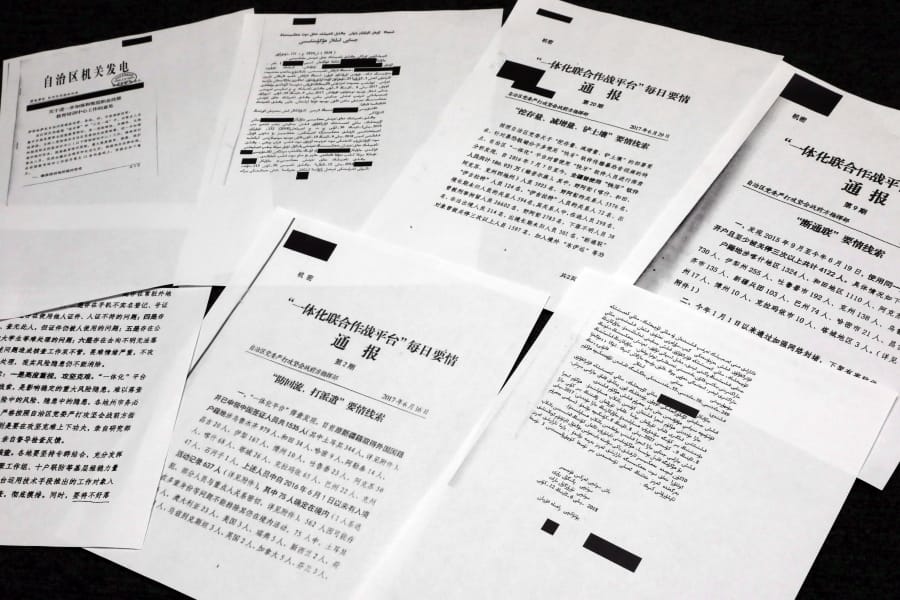 A sample of classified Chinese government documents leaked Friday to a consortium of news organizations, is displayed for a picture in New York,. Beijing has detained more than a million Uighurs, ethnic Kazakhs and other Muslim minorities for what it calls voluntary job training.