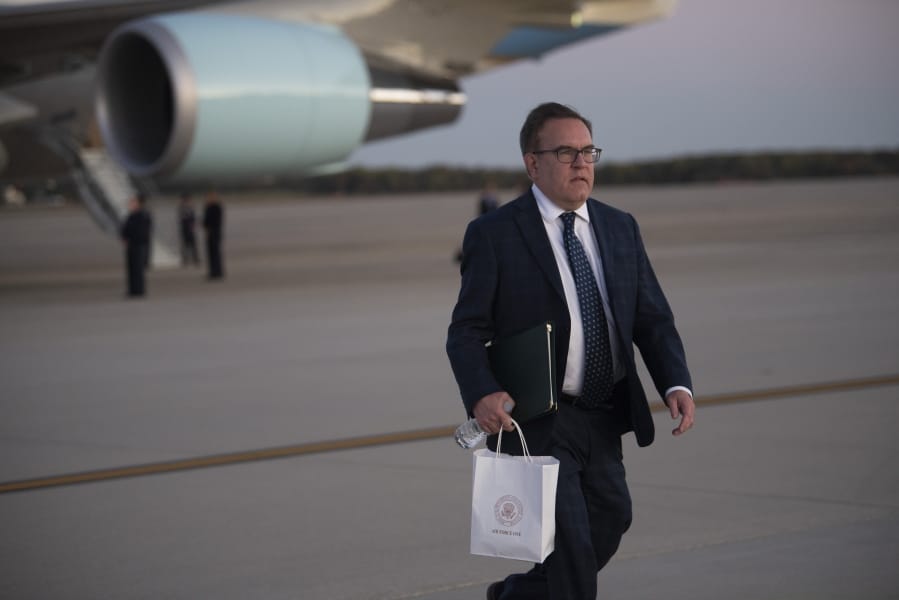 Environmental Protection Agency Administrator Andrew Wheeler walks from Air Force One at Andrews Air Force Base, Md., following a trip to Pittsburgh on Wednesday, Oct. 23, 2019.
