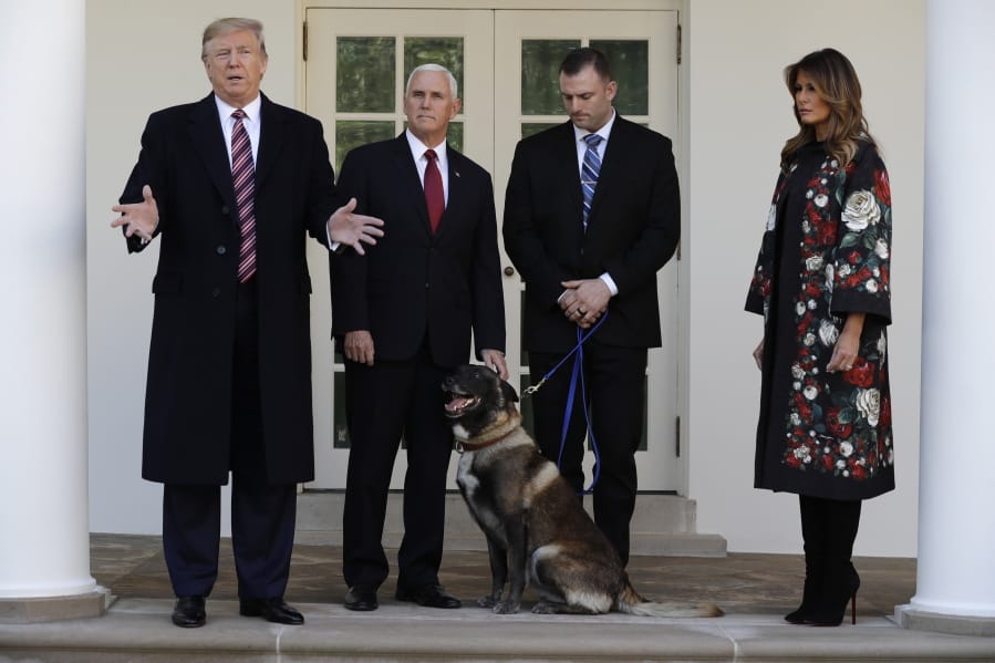 President Donald Trump, Vice President Mike Pence and first lady Melania Trump, present Conan, the military working dog injured in the successful operation targeting Islamic State leader Abu Bakr al-Baghdadi, before the media in the Rose Garden at the White House, Monday, Nov. 25, 2019 in Washington.