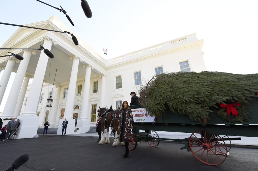 First lady Melania Trump poses with the 2019 White House Christmas tree Monday as it is delivered to the White House in Washington. The Douglas fir is 18 1/2  feet tall and was grown by Larry and Joanne Snyder at Mahantongo Valley Farms in Pennsylvania.