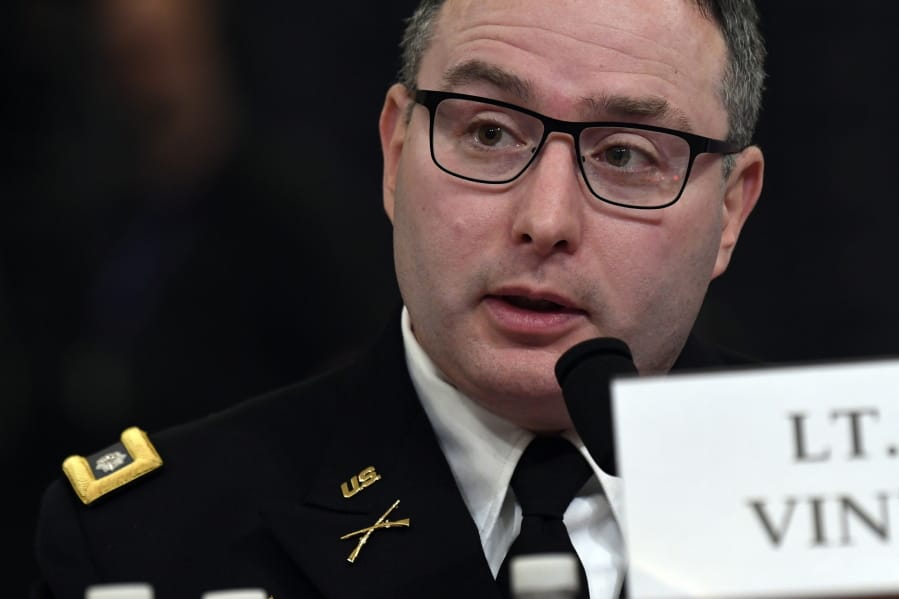 National Security Council aide Lt. Col. Alexander Vindman testifies before the House Intelligence Committee on Capitol Hill in Washington, Tuesday, Nov. 19, 2019, during a public impeachment hearing of President Donald Trump&#039;s efforts to tie U.S. aid for Ukraine to investigations of his political opponents.