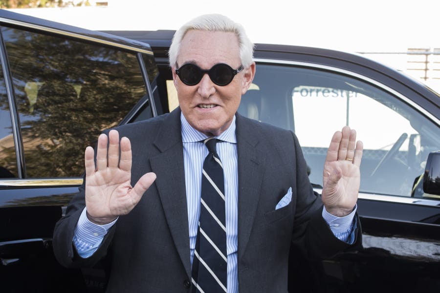 Roger Stone arrives at Federal Court for the second day of jury selection for his federal trial, in Washington, Wednesday, Nov. 6, 2019. Stone, a longtime Republican provocateur and former confidant of President Donald Trump, goes on trial over charges related to his alleged efforts to exploit the Russian-hacked Hillary Clinton emails for political gain.