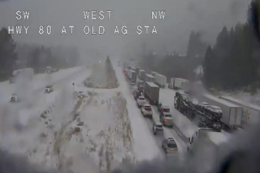 Traffic is stopped along Interstate 80 because of multiple spinouts, Tuesday in Truckee, Calif. Northern California and southern Oregon residents are bracing for a &quot;bomb cyclone&quot; weather phenomenon that&#039;s expected at one of the busiest travel times of the year.