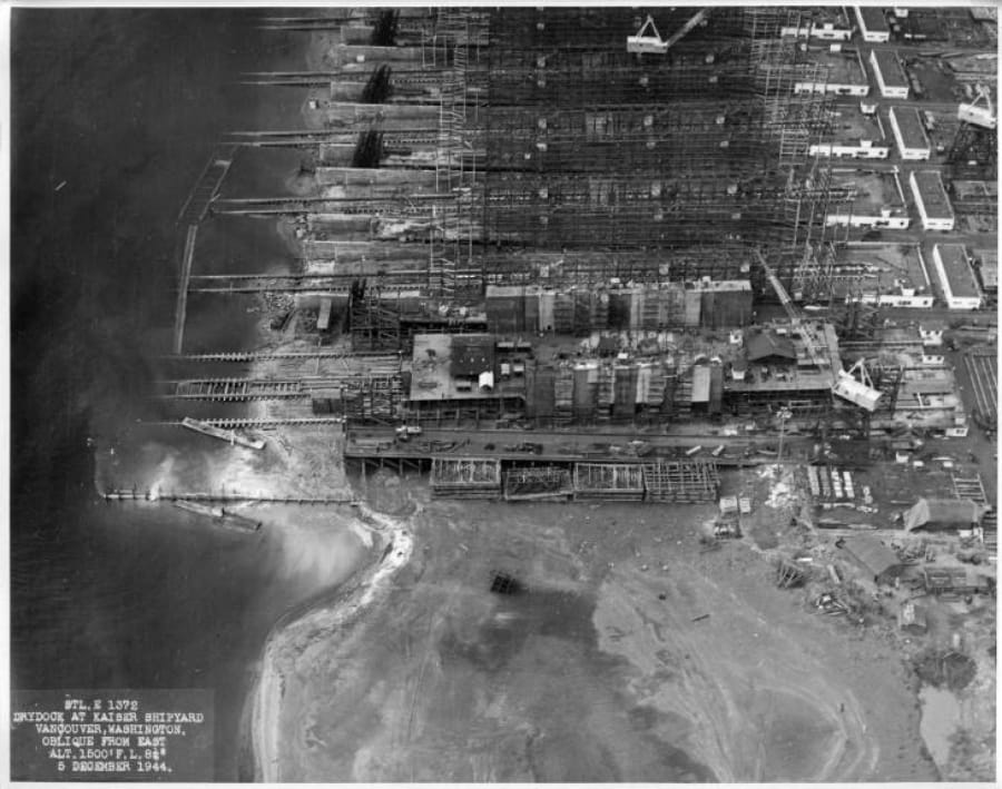 Kaiser shipyard aerial: An aerial view of the Kaiser Shipyard in Vancouver along the Columbia River, as seen in 1944.
