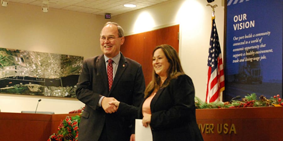 Jack Burkman was sworn in as a Port of Vancouver USA commissioner on Monday, Dec. 30 at the port’s Administrative Office. Michelle Allan, Port of Vancouver Executive Services Manager, who is a notary public, presided over the oath of office ceremony.