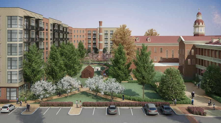 Concept renderings show the planned Aegis development, a project that will add two apartment buildings with ground-floor retail space and a public plaza next to the historic Providence Academy.