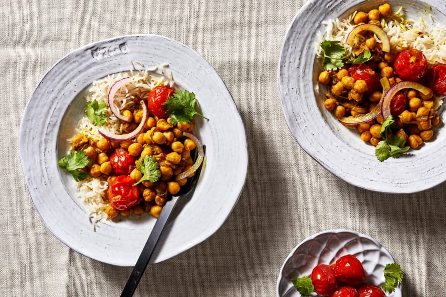 Ginger Turmeric Chickpeas With Roasted Cherry Tomatoes.