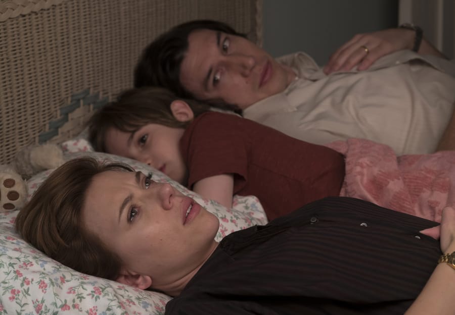 Scarlett Johansson, from left, Azhy Robertson and Adam Driver in &quot;Marriage Story.&quot; (Wilson Webb/Netflix)