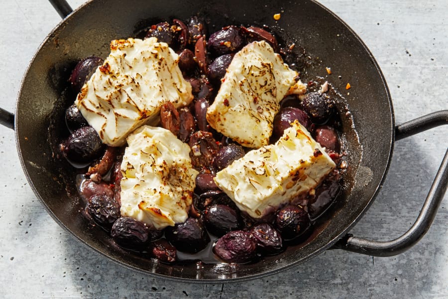 Roasted Feta With Grapes and Olives.
