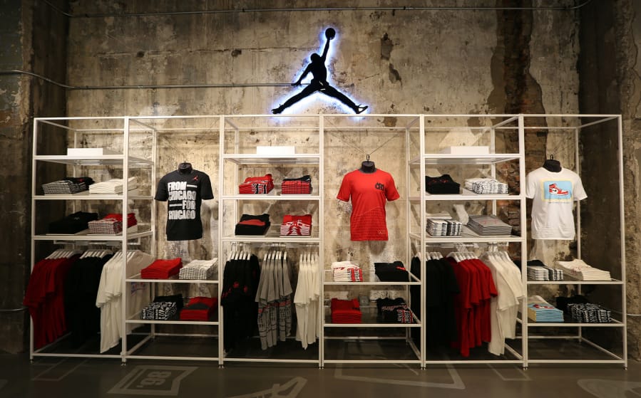 A clothing display at the Jordan store by Nike in Chicago. Brands like Nike are pulling from outside retailers to sell directly to consumers.