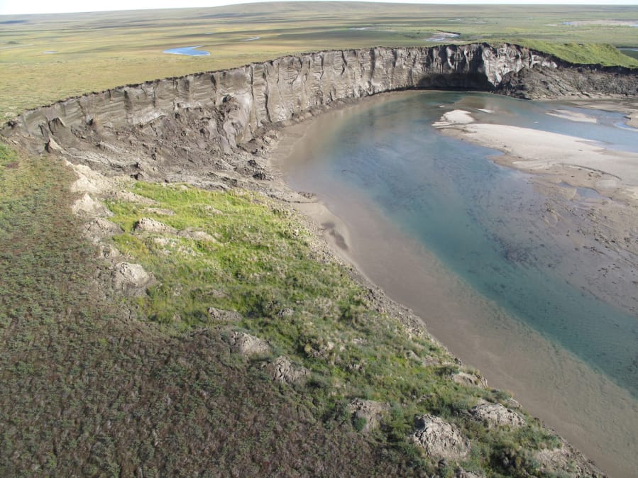 A view of very icy permafrost known as yedoma along the Itkillik River in northern Alaska.