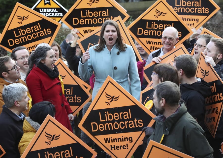 Liberal Democrat Leader Jo Swinson meets supporters during a visit, while on the General Election campaign, in Sheffield, England, Sunday, Dec. 8, 2019. Britain goes to the polls on Dec. 12.