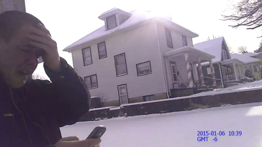 In this Jan. 6, 2015, still frame taken from police body camera video, Gabe Steele, left, reacts after his wife, Autumn Steele, was accidentally shot and killed by a Burlington Police officer responding to a domestic dispute call near the couple&#039;s home in Burlington, Iowa. Accidental shootings by police happen across the United States every year, an Associated Press investigation has found.