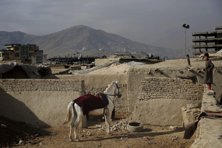 An Afghan boy stands on a wall near a horse tied up at a camp for internally displaced people Monday in Kabul, Afghanistan. A new report says three U.S. administrations have misled the public about the war in Afghanistan.
