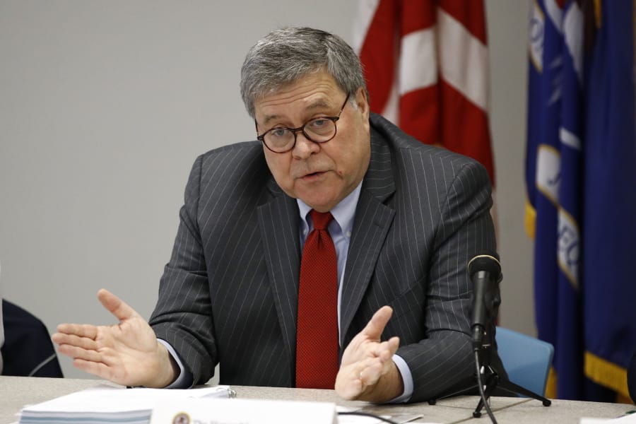 Attorney General William Barr speaks at a roundtable with members of local, state and federal law enforcement agencies at the Cleveland Police Department&#039;s Third District station, Thursday, Nov. 21, 2019, in Cleveland.
