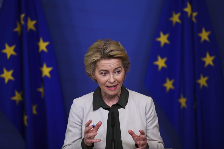 European Commission President Ursula von der Leyen gives a press statement on the European Green Deal at the European Commission headquarters in Brussels, Wednesday, Dec. 11, 2019. In her bid to lead the EU toward climate neutrality, European Commission president Ursula von der Leyen wants to put up 100 billion euros (dollars 130 billion U.S.) to help member countries that still heavily rely on fossil fuels transition to lower emissions.