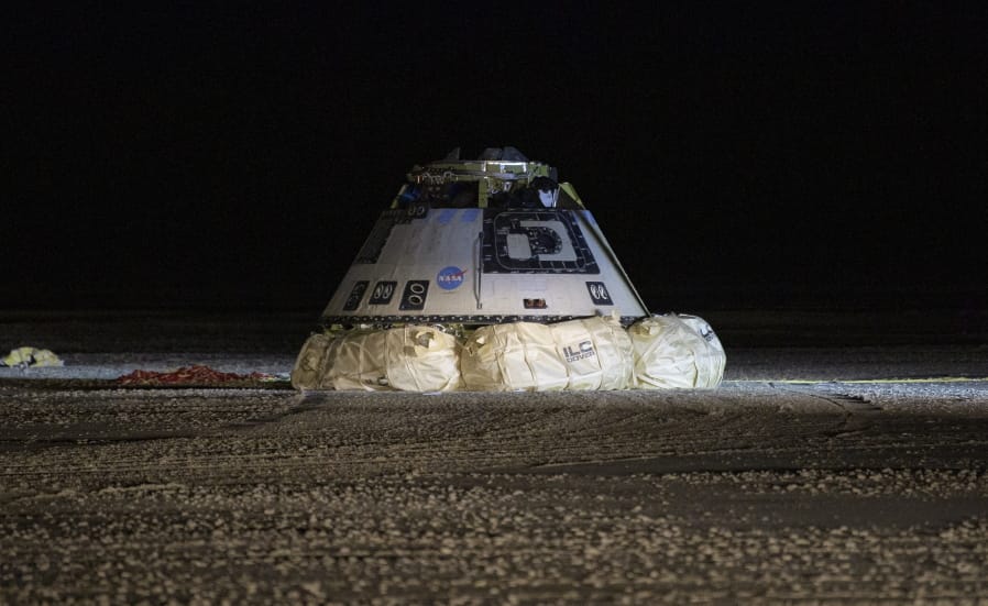 The Boeing Starliner spacecraft is seen after it landed in White Sands, N.M., Sunday, Dec. 22, 2019. Boeing safely landed its crew capsule in the New Mexico desert Sunday after an aborted flight to the International Space Station that threatened to set back the company&#039;s effort to launch astronauts for NASA next year.
