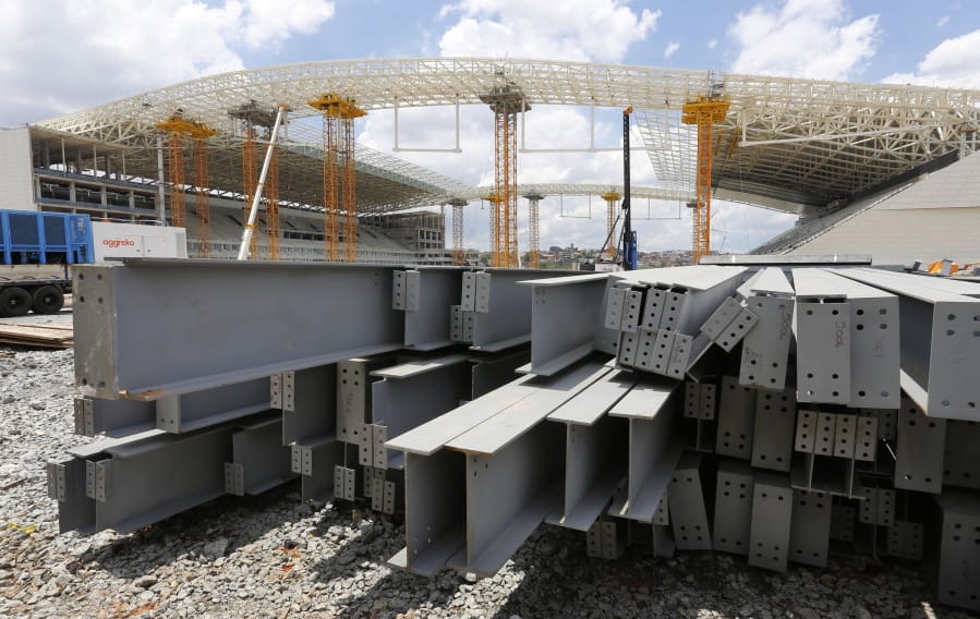In this Dec. 8, 2013 file photo, steel beams sit outside Arena de Sao Paulo in Sao Paulo, Brazil. President Donald Trump on Monday accused Brazil and Argentina of hurting American farmers through currency manipulation and said he&#039;ll slap tariffs on their steel and aluminum imports to retaliate.
