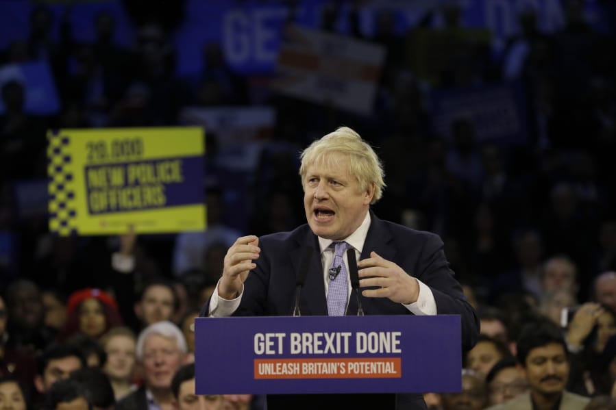 Britain&#039;s Prime Minister Boris Johnson speaks during his ruling Conservative Party&#039;s final election campaign rally at the Copper Box Arena in London, Wednesday, Dec. 11, 2019. Britain goes to the polls on Dec. 12.