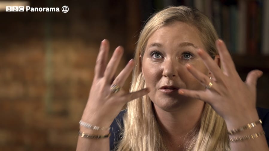 In this image taken from video issued by the BBC, Virginia Roberts Giuffre gestures during an interview on the BBC Panorama program that will be aired on Monday Dec. 2, 2019. Roberts Giuffre says she was a trafficking victim made to have sex with Prince Andrew when she was 17 is asking the British public to support her quest for justice. She tells BBC Panorama in an interview to be broadcast Monday evening that people &quot;should not accept this as being OK.&quot; Giuffre&#039;s first UK television interview on the topic describes how she was trafficked by notorious sex offender Jeffrey Epstein and made to have sex with Andrew three times, including once in London.