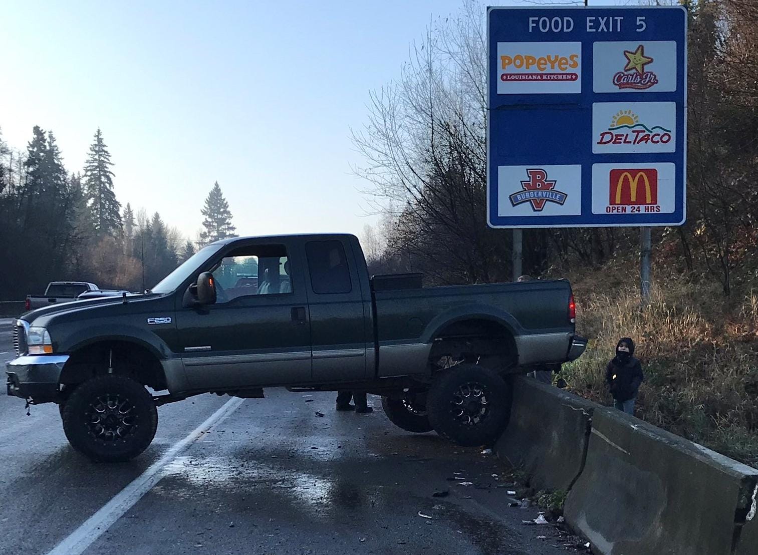 A pickup truck crashed into a barrier on southbound Interstate 5 near 99th Street in the Salmon Creek area of Clark County on Monday morning. The non-injury crash, one of a handful due to road conditions, closed the left lane of the freeway.