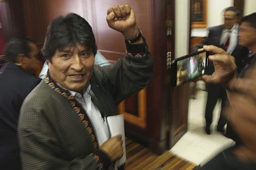 Bolivia&#039;s former President Evo Morales attends a press conference at the journalists&#039; club in Mexico City, Wednesday, Nov. 27, 2019.