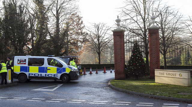 Police outside The Grove hotel in Watford ahead of the NATO Leaders Meeting beginning on Tuesday, in Hertfordshire, England, Monday, Dec. 2, 2019. U.S. President Donald Trump will gather with NATO’s other leaders in London Tuesday as the world’s biggest military alliance, marking its 70th birthday, battles with one of the most confounding of adversaries: Itself.