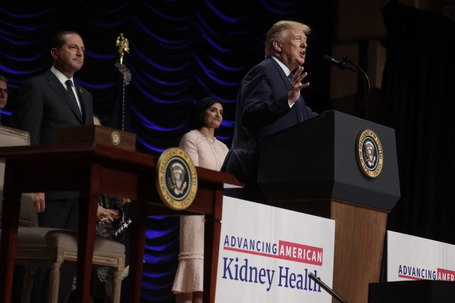 FILE - In this July 10, 2019, file photo, President Donald Trump speaks during an event on kidney health at the Ronald Reagan Building and International Trade Center in Washington. The U.S. government proposed new rules Tuesday, Dec. 17, to increase organ transplants. The proposals come after Trump in July ordered a revamping of the nation&#039;s care for kidney disease that included spurring more transplants of kidneys and other organs.