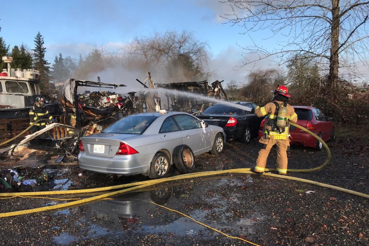 A fire in Ridgefield on Monday morning destroyed an RV trailer and damaged a boat, motorhome and cars, according to Clark County Fire & Rescue. A total of 12 responders helped extinguish the blaze.