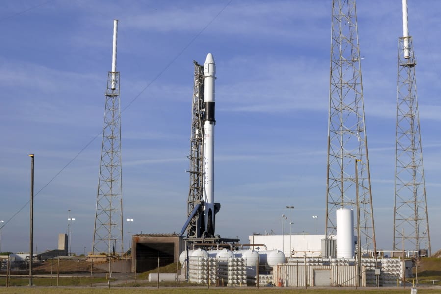 A Falcon 9 SpaceX rocket on a resupply mission to the International Space Station stands ready for today&#039;s launch at Space Launch Complex 40 at Cape Canaveral Air Force Station in Cape Canaveral, Fla., Thursday, Dec. 5, 2019. The first launch attempt was scrubbed yesterday by unfavorable upper level winds.