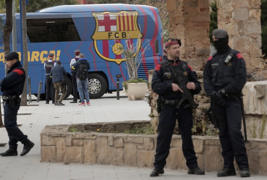 A bus carrying the Barcelona players leaves the Camp Nou stadium, ahead of a Spanish La Liga soccer match between Barcelona and Real Madrid in Barcelona, Spain, Wednesday, Dec. 18, 2019. Thousands of Catalan separatists are planning to protest around and inside Barcelona&#039;s Camp Nou Stadium during Wednesday&#039;s match against fierce rival Real Madrid.